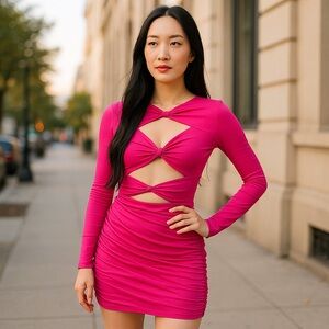 YAURA Fope Twist Front Cutout Dress Hot Pink Ruched Bodycon Club  NEW UK 6 US 2